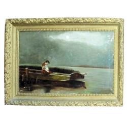 Framed oil on canvas,  girl in boat under moonlit sky,  signed  H.O. 1900, 24 W x 16 H.