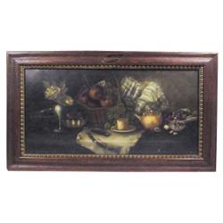 Still life oil painting on canvas of a tablescape, great oak frame, 43"W x 25"H.