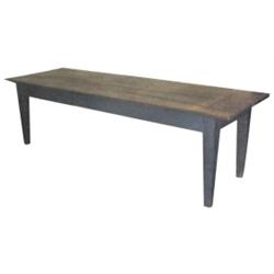 Pine harvest table, scrubbed top & blue base, 8'10"L.