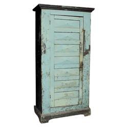 1 door pine wardrobe, robin's egg blue & black paint, 7 chamfered panels in door, square nails, 38 W