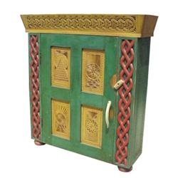 Contemporary  Folk Art  hand carved hanging cupboard w/ 9 drawers, green/red/mustard paint, 34 W x 3