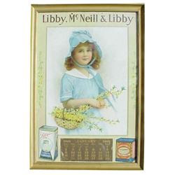 Framed Libby, McNeill & Libby 1916 calendar, glass on back to show adv., 12"W x 18"H.