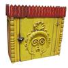 Image 1 : Contemporary "Folk Art" hanging cupboard w/face motif & fence crown, red/mustard paint, 26"W x 25"H.