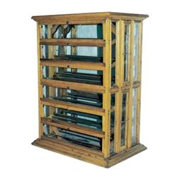 Country store ribbon cabinet, tip out doors w/slide out ends, 28”W x 37”H.