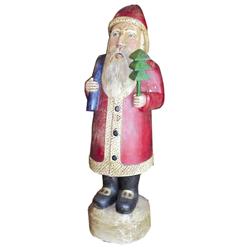 Contemporary life-sized carved wooden Santa holding tree & bag of toys, great carving & paint, 67 H.