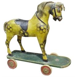 Child's pull-toy horse, paper mache w/wooden base, C. 1860-1870's, 23 H.