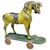 Image 1 : Child's pull-toy horse, paper mache w/wooden base, C. 1860-1870's, 23"H.