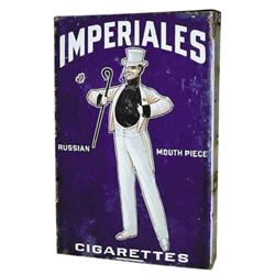 Porcelain flange sign for  Imperiales Cigarettes.   C. 1900. 14 W x 21 H.