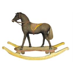 Child's riding & rocking horse, wool body w/wooden mouth & feet, C. 1880's, 30 H.