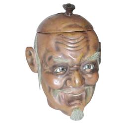 Figural cigar humidor, "Chinaman." Comp. w/glass eyes, real hair & fly on head, unusual. C.1890. 7"H