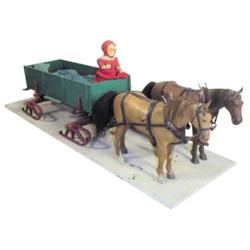 Miniature 2 horse wagon on sleigh runners w/girl, Charles Petrovich, 22"L.