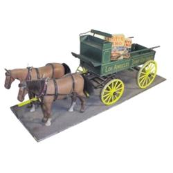 Miniature "Los Angeles Soap Co." delivery wagon w/ 2 horses, Charles Petrovich, 23"L.