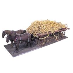 Miniature 2 horses pulling farm hay wagon, Charles Petrovich, 26"L.