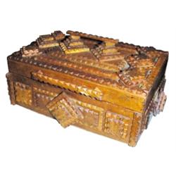 Tramp art cigar box w/hinged lid & handle, C. 1900.