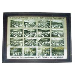 Framed litho for "R. G. Sullivan's 7-20-4 cigars," shows 16 factory scenes. 45"W x 36"H.