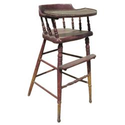 Painted curved spindle back child's high chair, oxblood red paint, 32 H.