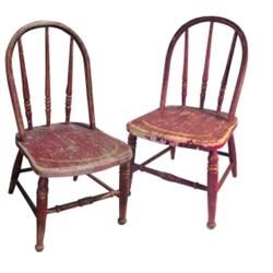 Lot of 2 children's chairs, round back w/3 spindles, original red paint, 21"H., sold 2 times the bid