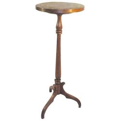 Candle stand walnut, with turned center spindle & 3 curved legs, approx. 30”H.