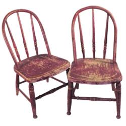 Lot of 2 children's chairs, round back w/3 spindles, original red paint, 21"H., sold 2 times the bid