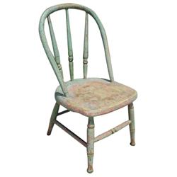 Child's 3 spindled back chair, green over red paint, very cute.