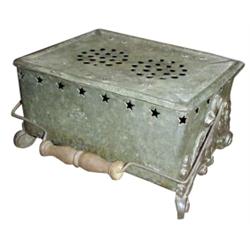 Early tin & iron foot warmer, fancy with pierced stars and scrollwork, 48  H.