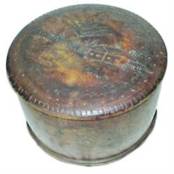 Round wooden covered box with hand carved country scene and wildflowers, unique & very old, 7" Dia.