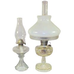 Lot of 2:  Pressed glass oil lamp w/fancy base & shade & glass oil lamp w/globe only.