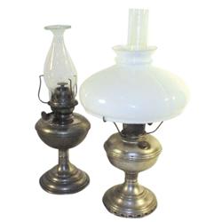 Lot of 2:  Nickel plated Aladdin lamp #11, has glass shade & chimney & nickel plated St. Louis Lamp 