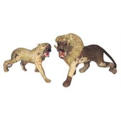 2 small circus promotional animals: lion & leopard, much detail & lifelike, approx. 8"H.