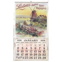 Calendar, 1898, for  Listers animal bone fertilizer.  Mounted on fabric. 13 W x 23 H.