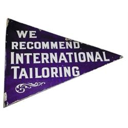 Die Cut triangular porcelain sign for "International Tailoring," 20"W x 17"H.