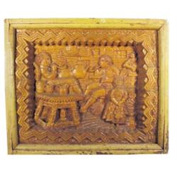 Intricately and deeply carved tavern scene, signed Barney, Carney, Mich., 1919, 25"W x 21"H.