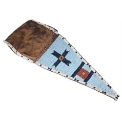 Indian beaded leather belt case, tiny blue, white, red & yellow beads, 14 L.