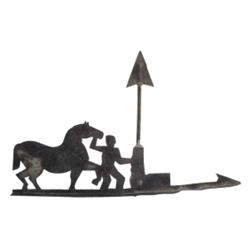 Horse w/man weather vane, hand cutout tin, 11 1/2 H x 19 L.