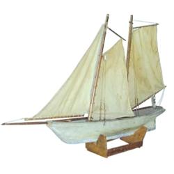 Old wooden sailing ship w/3 cloth sails, hull has original white paint, 31"L.