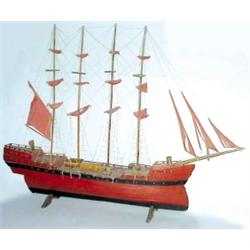 Large red sailing ship, handmade & well constructed w/lots of detail, very old, 60"L x 45"H.