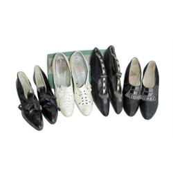 Four pair of ladies shoes:  two black satin w/marcacite trim, one black leather & one white leather,