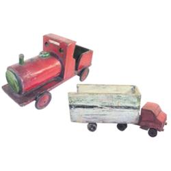 Lot of 2:  red wooden train engine w/metal & rubber wheels, 24"L & Red wooden farm truck, 21"L.