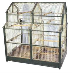 Large wire & wood birdcage, painted green, very unique design, 21"W.