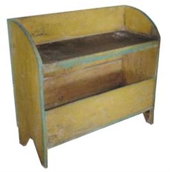 Pine bucket bench w/storage compartment, wonderful mustard & green paint.