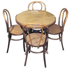 Bentwood ice cream table w/caned & glass top, 30" Dia. & 4 bentwood ice cream chairs w/caned seats.