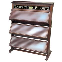 Country store "Carr & Co. Biscuit" three comp. display cabinet.  Reverse gold leaf glass, 41"W x 53"