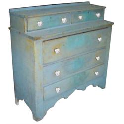 Two over Three drawer stepback dresser, robin's egg blue over pine, porcelain pulls, 35" W x 34" H.