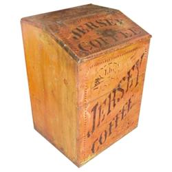 Early stenciled 125# Jersey Coffee box from Des Moines, IA., original old red paint.