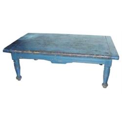 Early painted robin's egg blue low table, top is one piece of pine, fancy turned legs, 13" H x 37" W