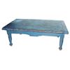 Image 1 : Early painted robin's egg blue low table, top is one piece of pine, fancy turned legs, 13" H x 37" W
