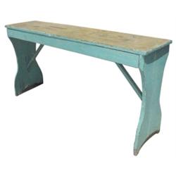 Robin's egg blue painted pine bench, 48" L.