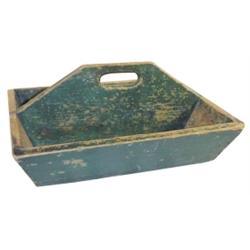 Green wooden silverware caddy, early, 11" H.