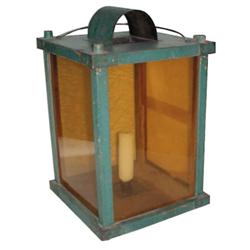 Large wooden candle lantern, old green paint with old yellow glass, very good condition, 18" H.