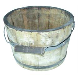 Wooden sugar bucket with wire & wood bail, white with blue bands, 6" H.